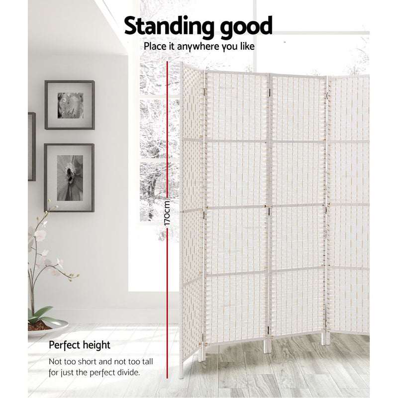 8 Panels Room Divider Screen Privacy Rattan Timber Fold Woven Stand White