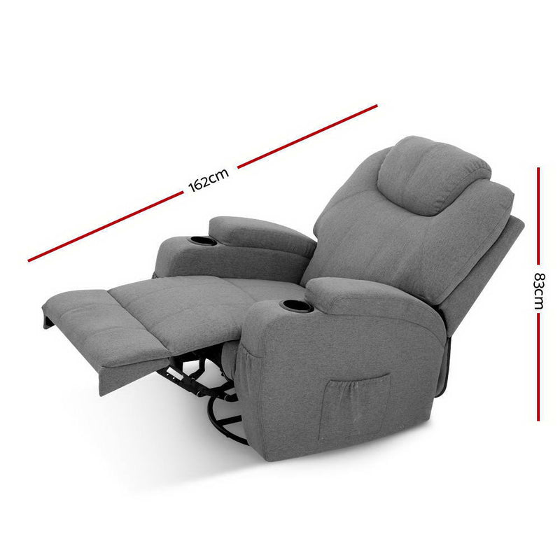 Electric Massage Recliner Chair Armchair 8 Point Heated Swivel Fabric Grey