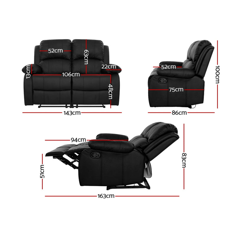 Recliner Chair 2-Seater Premium Leather Double Lounge Sofa Couch Black