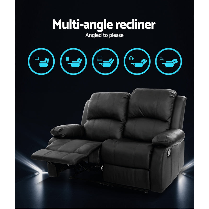 Recliner Chair 2-Seater Premium Leather Double Lounge Sofa Couch Black