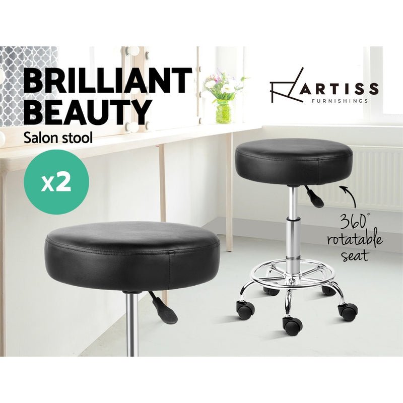 Set of 2 ROUND Salon Stool Black PU Leather Swivel Barber Hair Dress Chair Hydraulic Lift