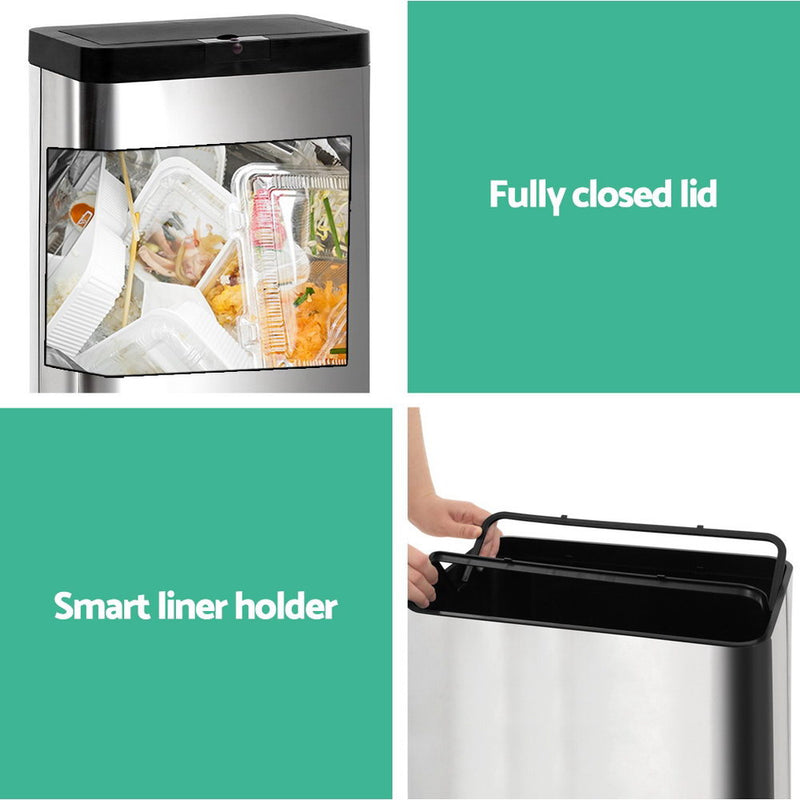 Stainless Steel Sensor Bin Rubbish Trash Bins Motion Automatic Touch Free 50L