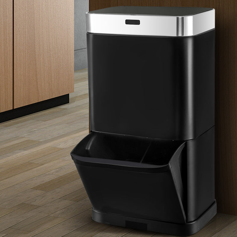 70L Sensor Bin Stainless Steel Recycling Drawer Rubbish Bin Black