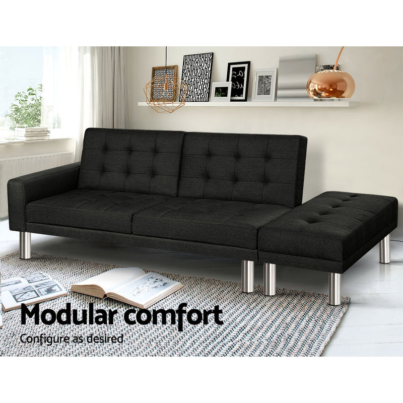 Sofa Bed Lounge Set Futon Couch 3 Seater Recliner Ottoman Fabric Charcoal