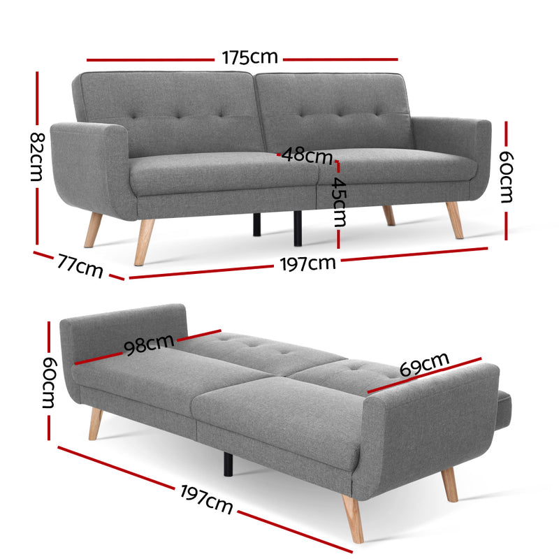 Sofa Bed Lounge Set Couch Futon 3 Seater Fabric Reliner 197cm Grey