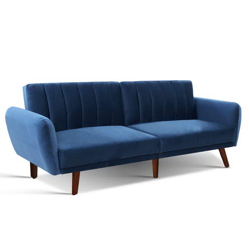 Sofa Bed Lounge 3 Seater Futon Couch Recline Chair Wooden 207cm Velvet Blue