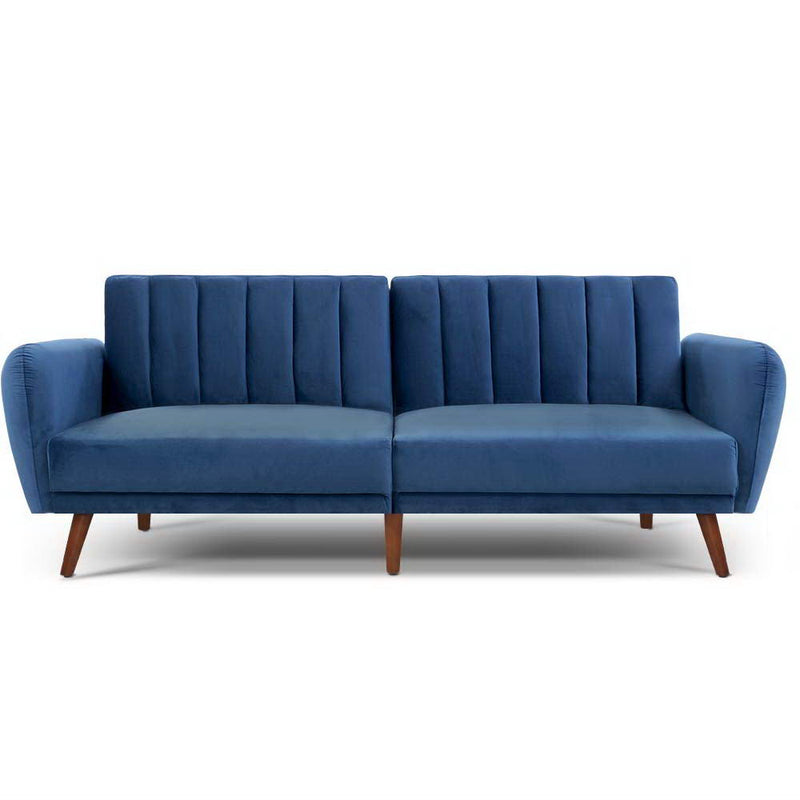 Sofa Bed Lounge 3 Seater Futon Couch Recline Chair Wooden 207cm Velvet Blue