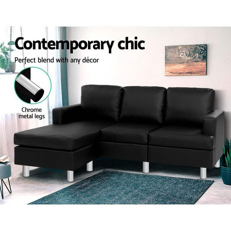 Sofa Lounge Set Couch Futon Corner Chaise Leather 3 Seater Suite Black