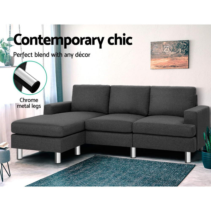 Sofa Lounge Set Couch Futon Corner Chaise Fabric 3 Seater Suite Dark Grey