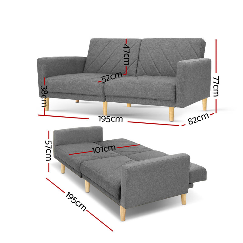 Sofa Bed Lounge 3 Seater Futon Couch Wood Furniture Grey Fabric 193cm