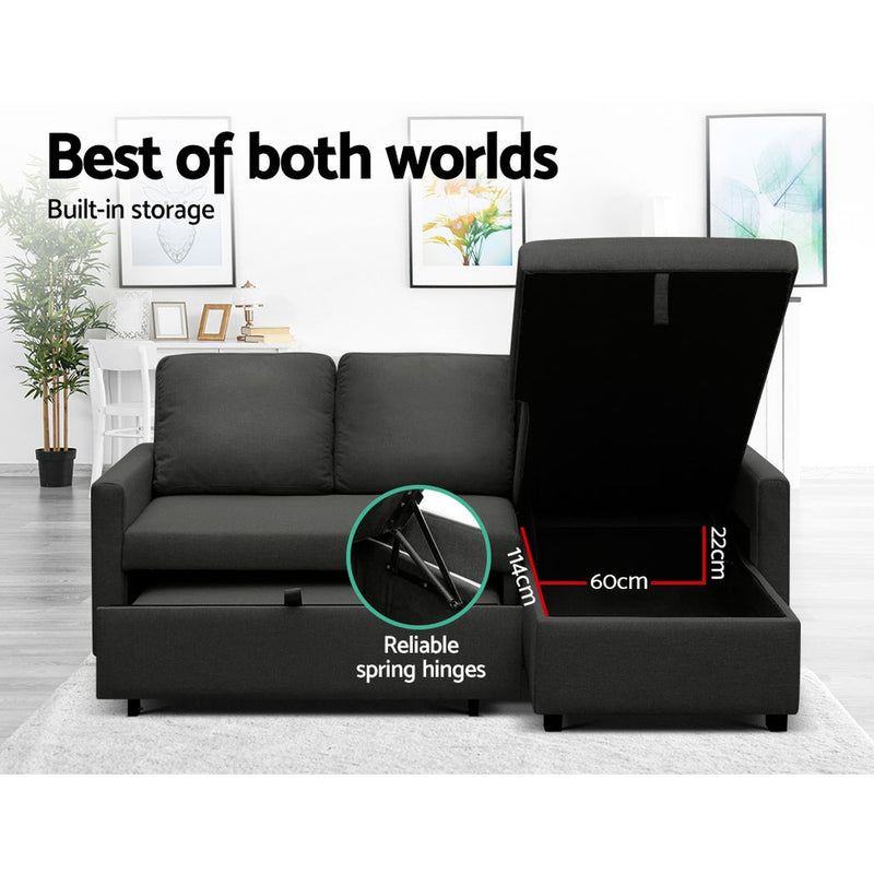 3 Seater Sofa Bed Storage Corner Fabric Lounge Chaise Couch Charcoal