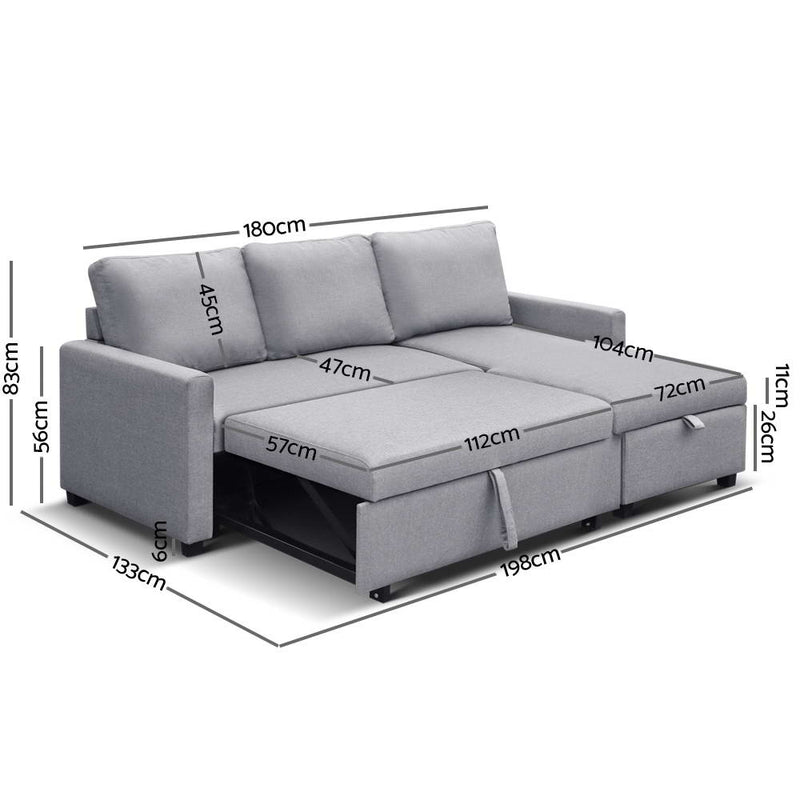 3 Seater Fabric Sofa Bed with Storage  - Grey