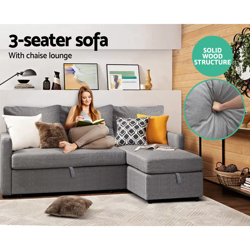 3 Seater Fabric Sofa Bed with Storage  - Grey