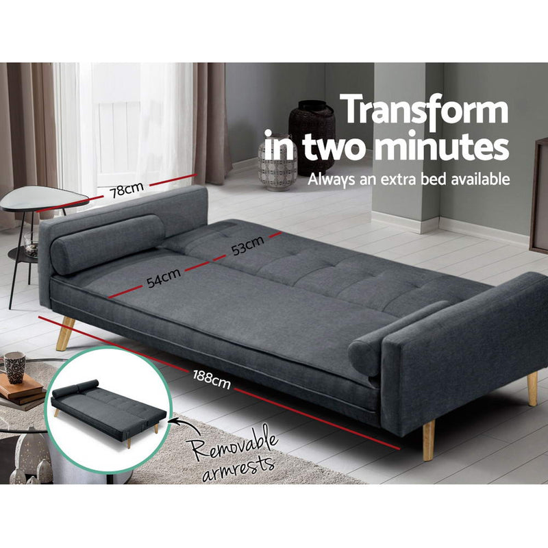 3 Seater Fabric Sofa Bed - Charcoal