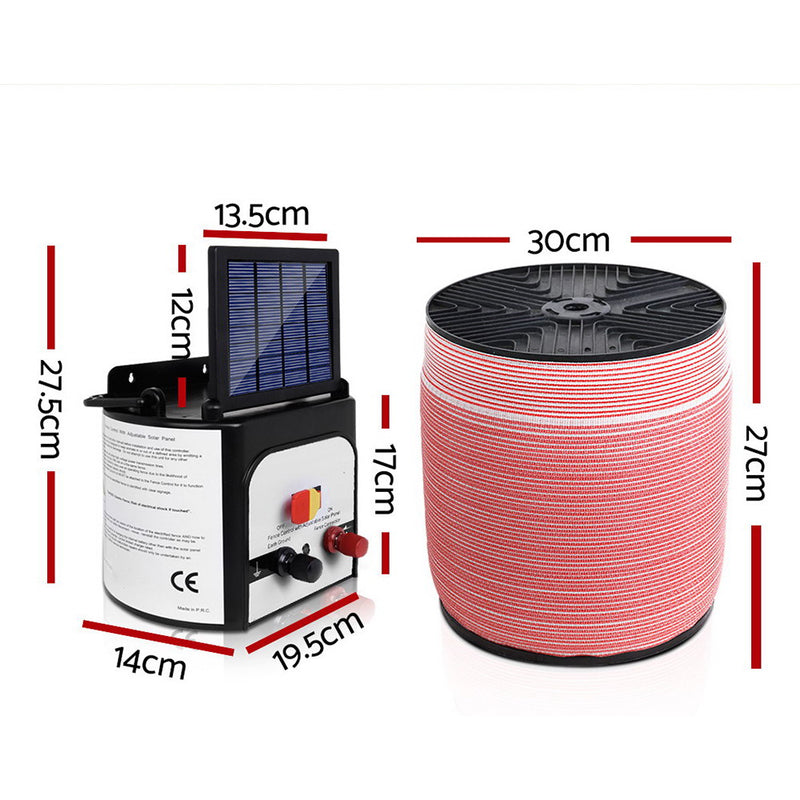 Giantz 8KM Solar Electric Fence Energiser Energizer 0.3J + 1200M Electrical Fencing Wire Tape Farm