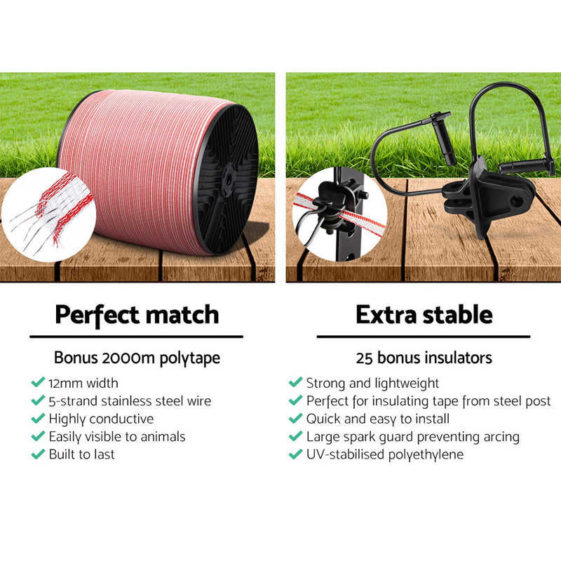 Giantz 3KM Solar Electric Fence Energiser Energizer 0.1J + 2000M Electrical Fencing Wire Tape Farm