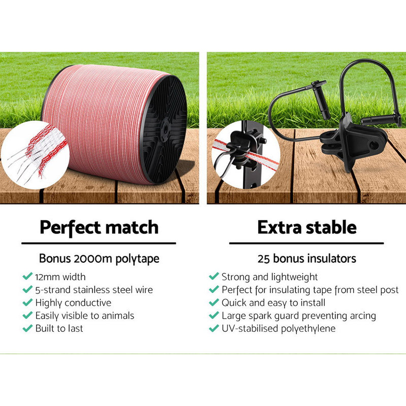 Giantz 5KM Solar Electric Fence Energiser Energizer 0.15J + 2000M Electrical Fencing Wire Tape Farm