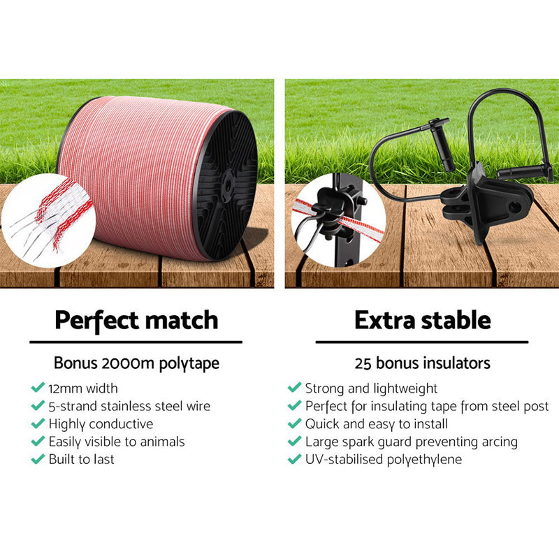 Giantz 8KM Solar Electric Fence Energiser Energizer 0.3J + 2000M Electrical Fencing Wire Tape Farm