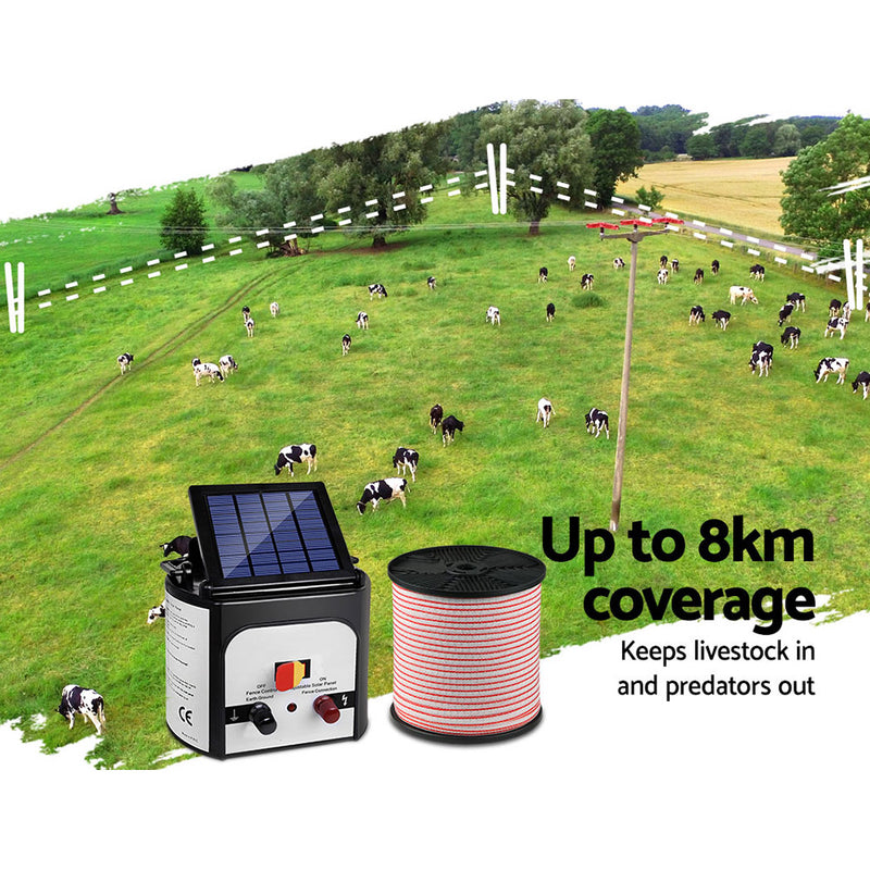 Giantz 8km Solar Electric Fence Energiser Charger with 400M Tape and 25pcs Insulators