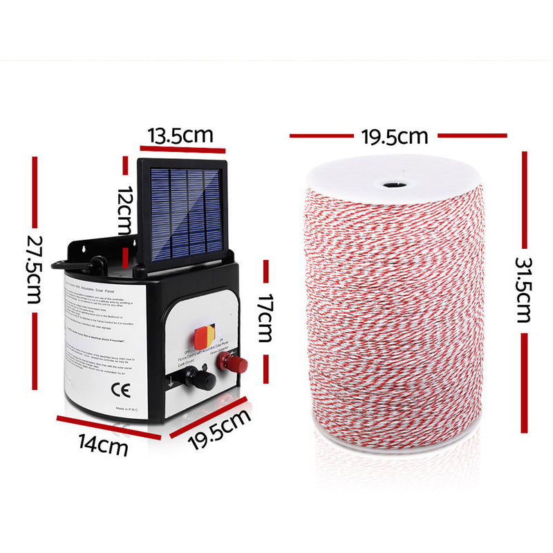 Giantz 8KM Solar Electric Fence Energiser Energizer 0.3J + 2000M Poly Fencing Wire Tape Farm + 25pcs Insulators