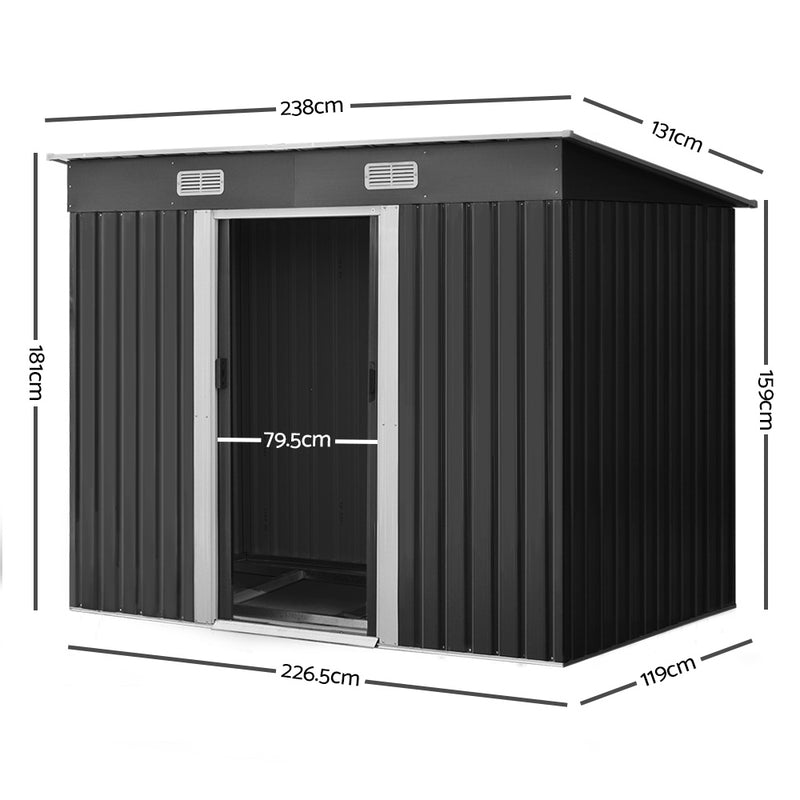 2.38 x 1.31m Steel Base Garden Shed - Grey