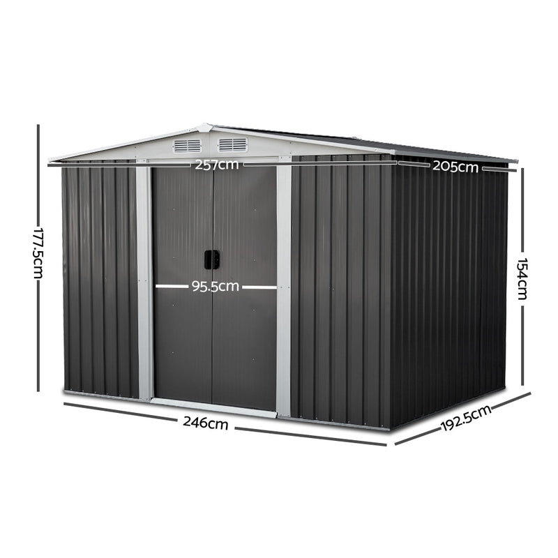 2.05 x 2.57m Steel Garden Shed with Roof - Grey