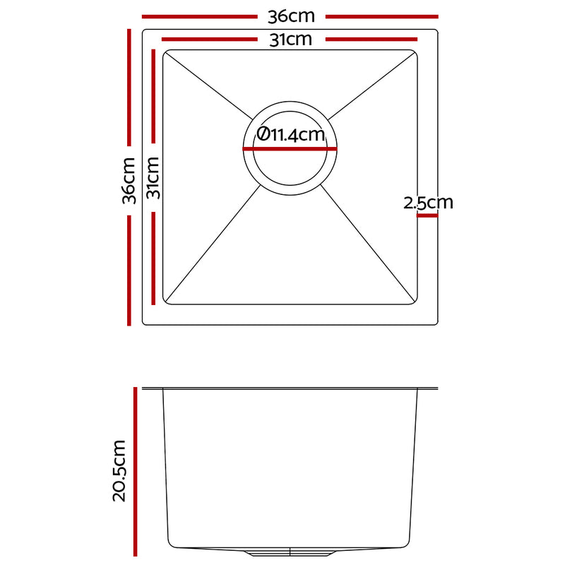 Stainless Steel Kitchen Sink 360X360MM Under/Topmount Sinks Laundry Bowl Silver