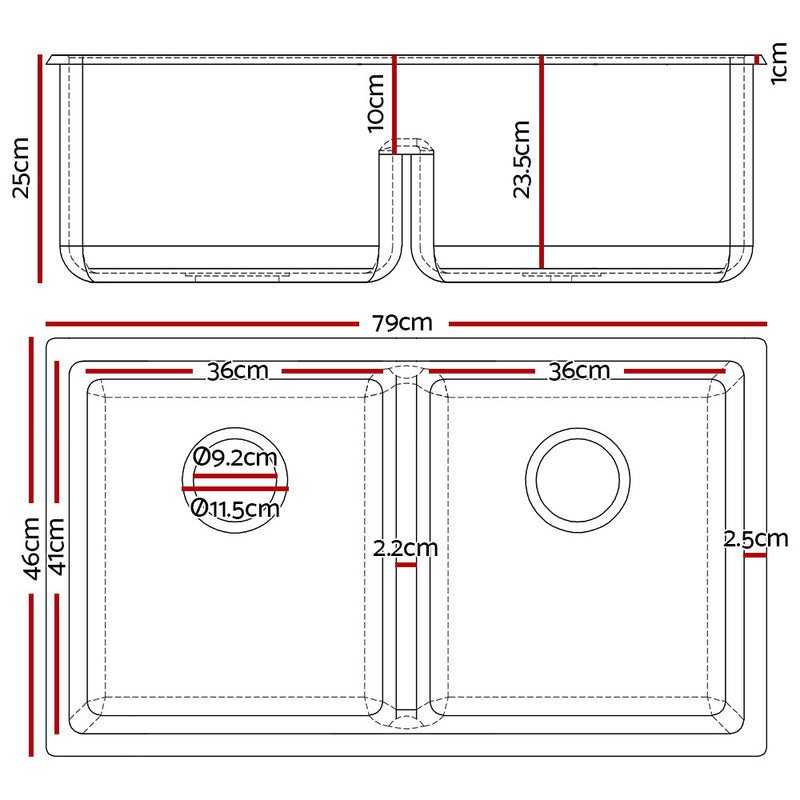 Stone Kitchen Sink 790X460MM Granite Under/Topmount Basin Double Bowl Black