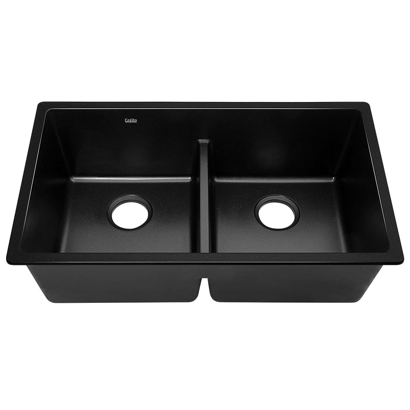 Stone Kitchen Sink 790X460MM Granite Under/Topmount Basin Double Bowl Black