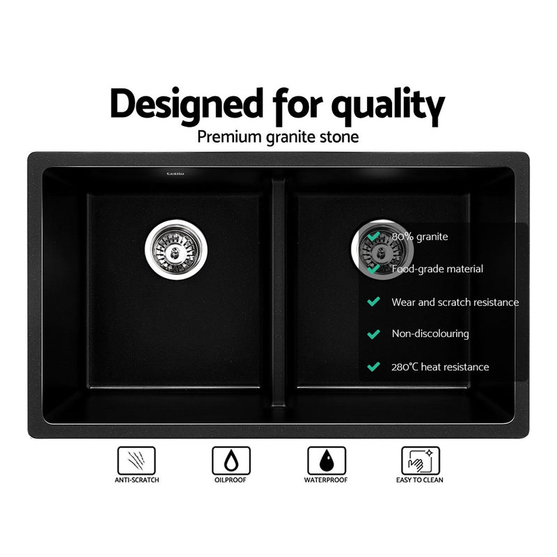 Stone Kitchen Sink 790X460MM Granite Under/Topmount Basin Double Bowl Black