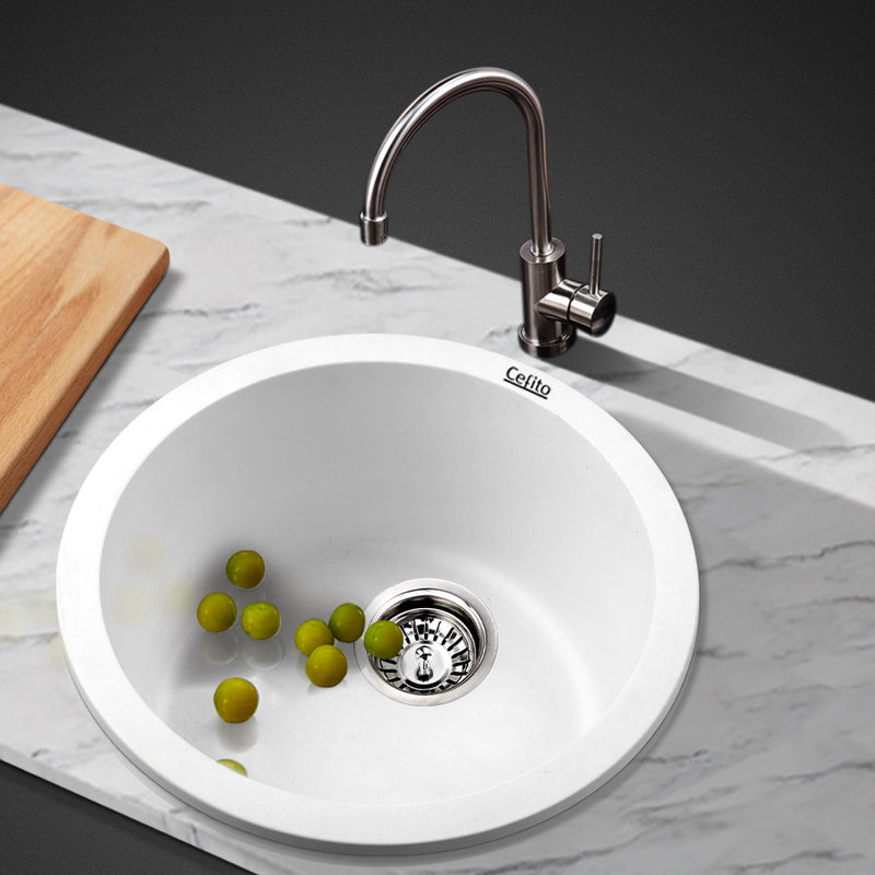 Stone Kitchen Sink Round 430MM Granite Under/Topmount Basin Bowl Laundry White