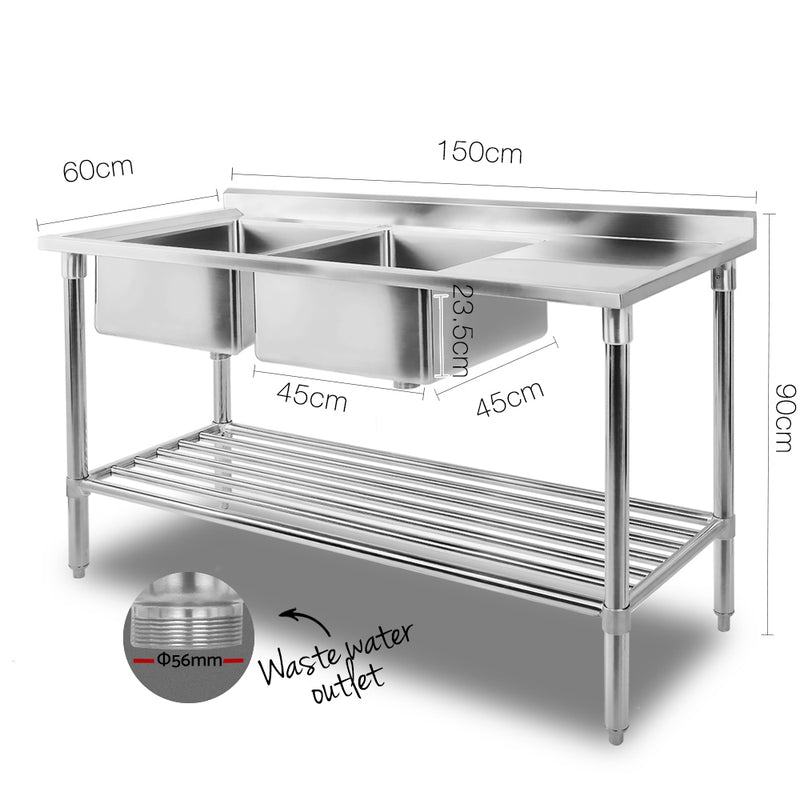 150x60cm Commercial Stainless Steel Sink Kitchen Bench