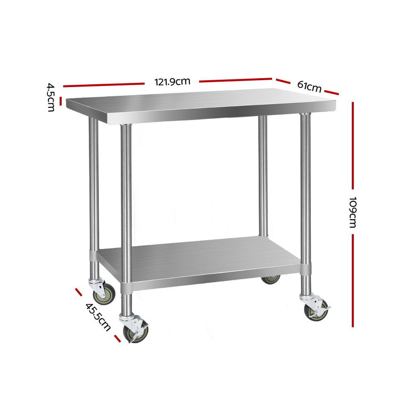 304 Stainless Steel Kitchen Benches Work Bench Food Prep Table with Wheels 1219MM x 610MM