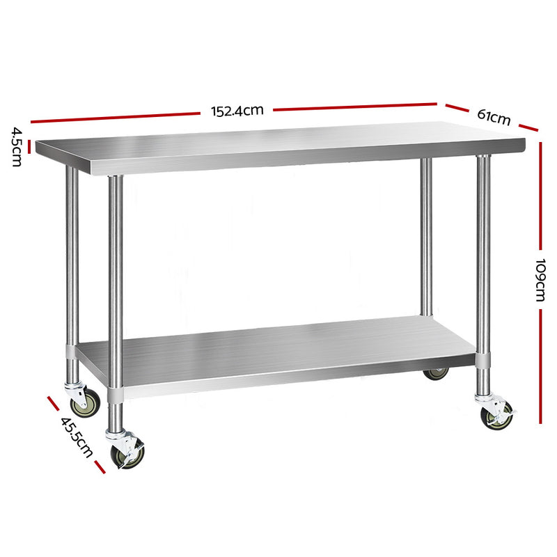 304 Stainless Steel Kitchen Benches Work Bench Food Prep Table with Wheels 1524MM x 610MM