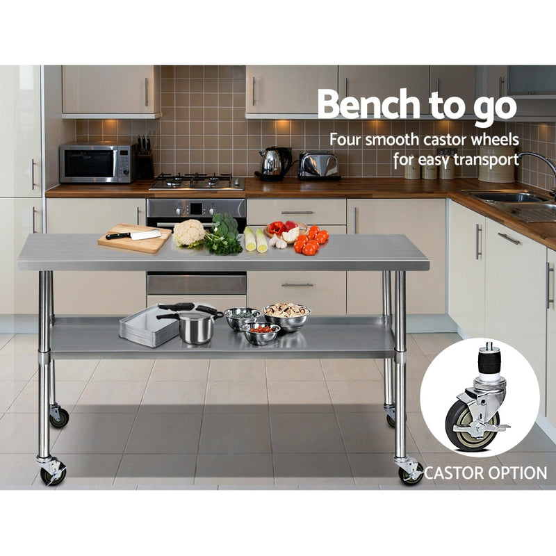 304 Stainless Steel Kitchen Benches Work Bench Food Prep Table with Wheels 1829MM x 610MM