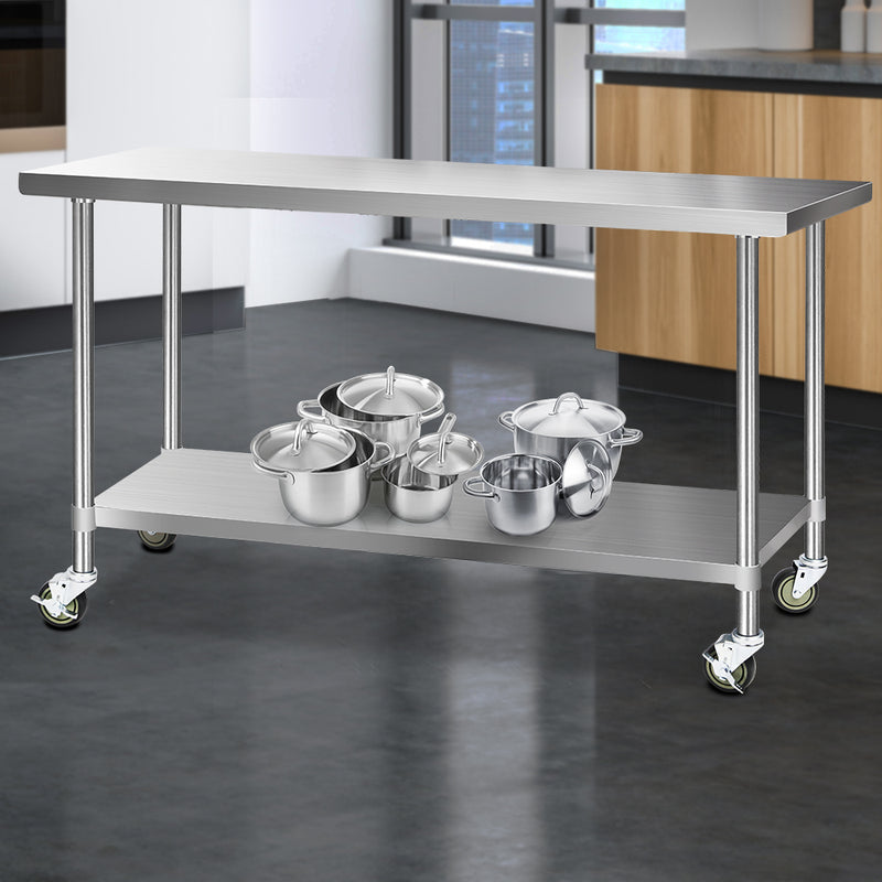 304 Stainless Steel Kitchen Benches Work Bench Food Prep Table with Wheels 1829MM x 610MM