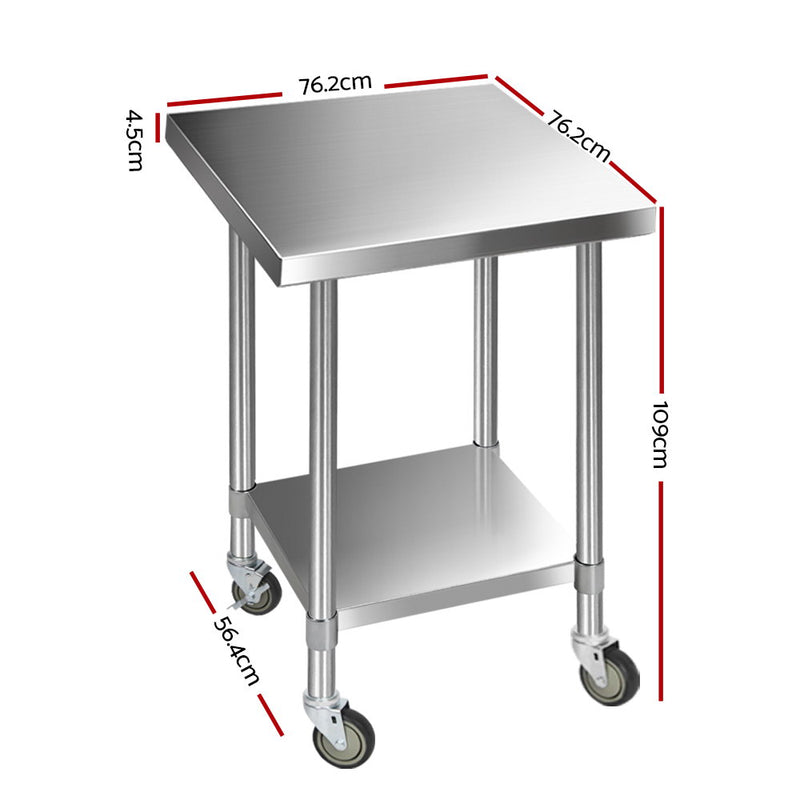 762 x 762mm Commercial Stainless Steel Kitchen Bench with 4pcs Castor Wheels