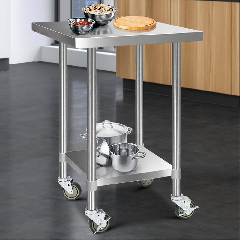 762 x 762mm Commercial Stainless Steel Kitchen Bench with 4pcs Castor Wheels