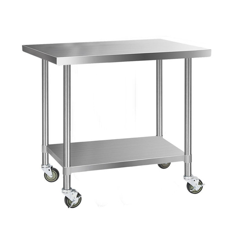 1219 x 762mm Commercial Stainless Steel Kitchen Bench with 4pcs Castor Wheels