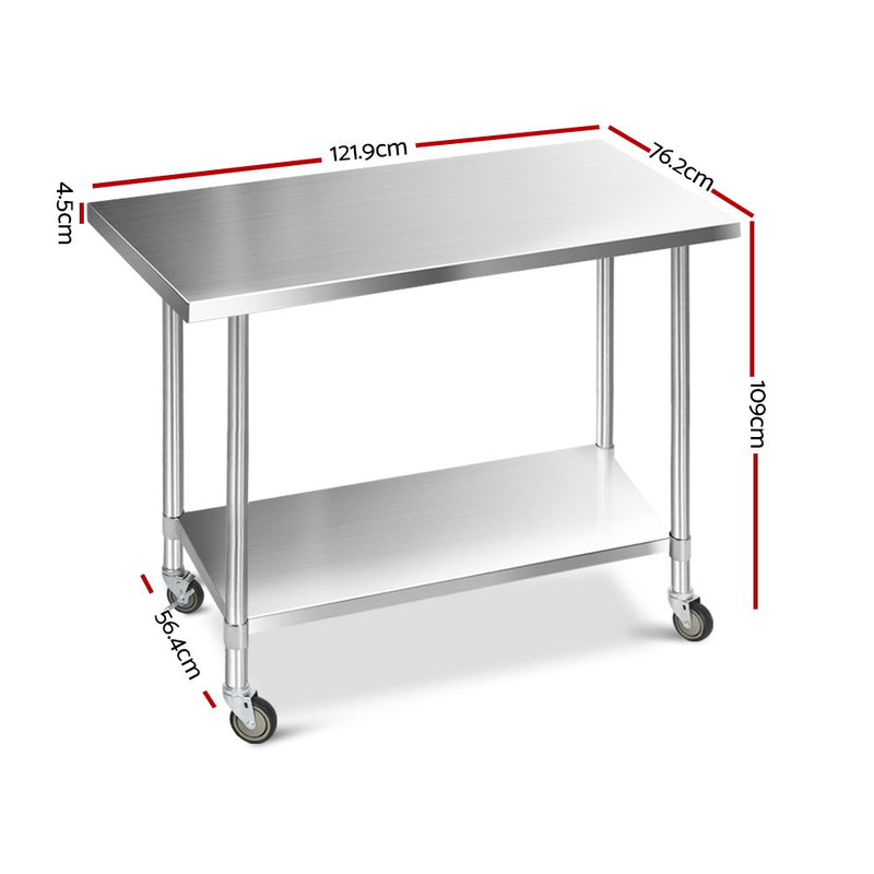 1219 x 762mm Commercial Stainless Steel Kitchen Bench with 4pcs Castor Wheels