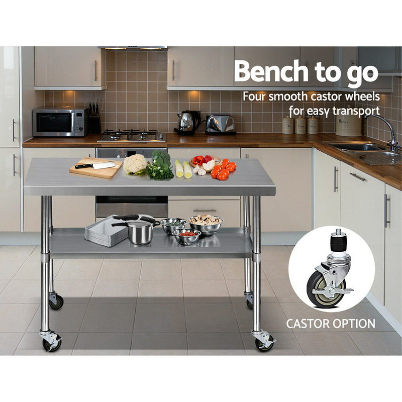 1219 x 762mm Commercial Stainless Steel Kitchen Bench with 4pcs Castor Wheels