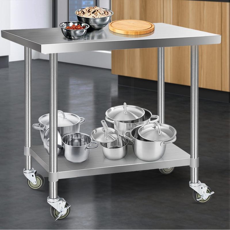 1219 x 762mm Commercial Stainless Steel Kitchen Bench with 4pcs Castor Wheels