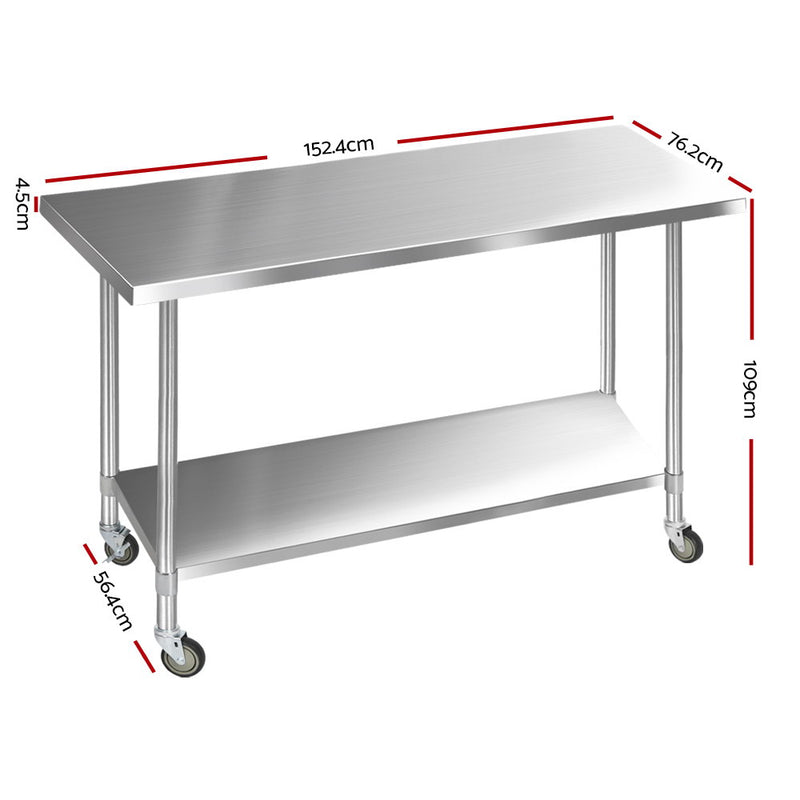 1524 x 762mm Commercial Stainless Steel Kitchen Bench with 4pcs Castor Wheels