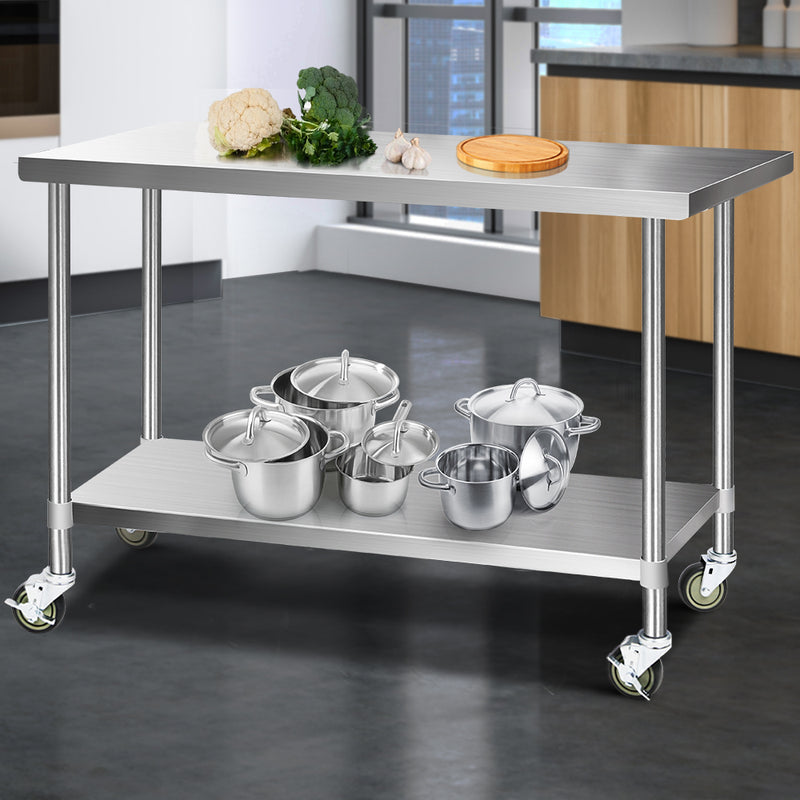 1524 x 762mm Commercial Stainless Steel Kitchen Bench with 4pcs Castor Wheels