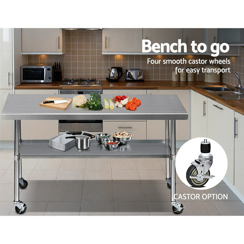 1829 x 762mm Commercial Stainless Steel Kitchen Bench with 4pcs Castor Wheels