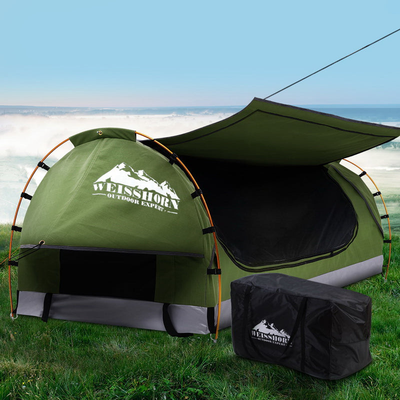 Weisshorn Swag King Single Camping Swags Canvas Free Standing Dome Tent Celadon with 7CM Mattress