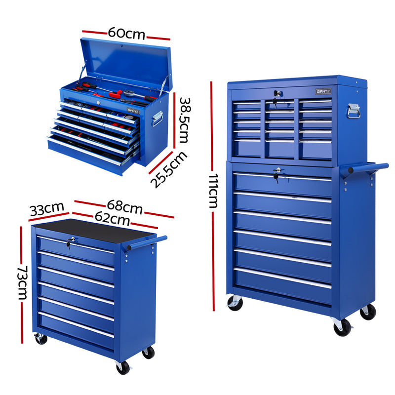 Giantz 15 Drawers Tool Box Chest Trolley Cabinet Garage Storage Boxes Organizer Blue