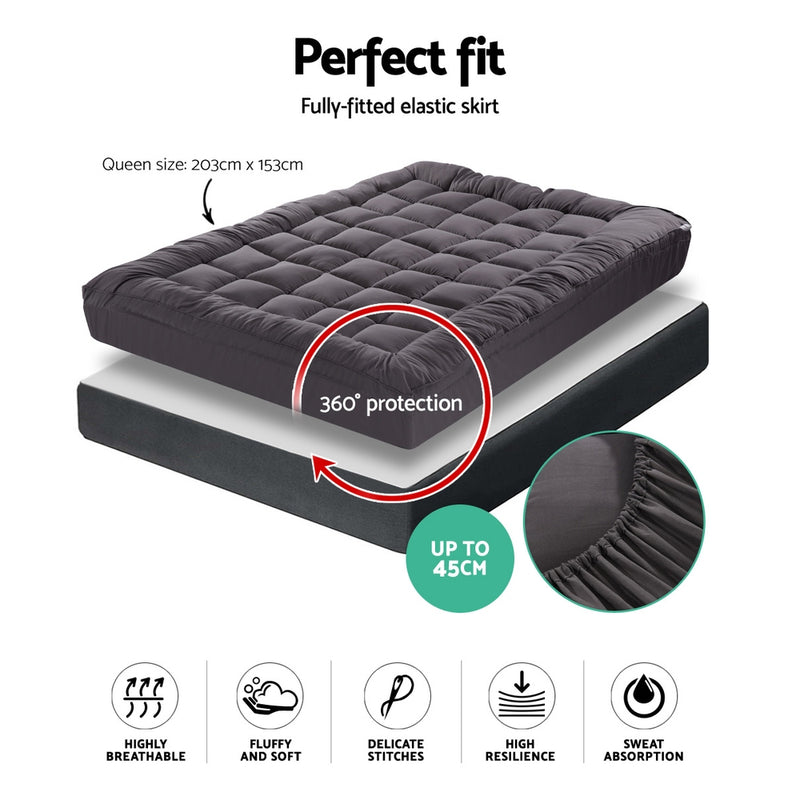 Giselle Queen Mattress Topper Pillowtop 1000GSM Charcoal Microfibre Bamboo Fibre Filling Protector