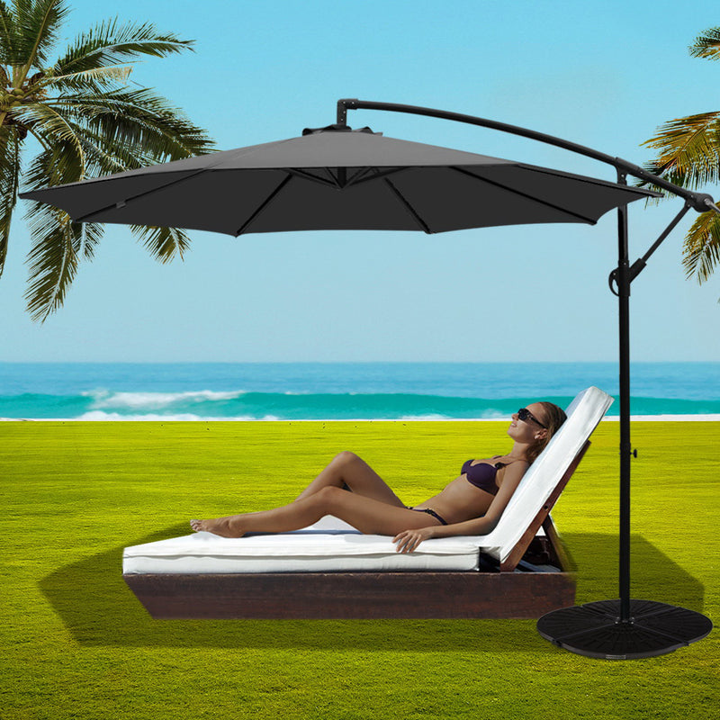 3M Umbrella with 48x48cm Base Outdoor Umbrellas Cantilever Sun Beach Garden Patio Charcoal