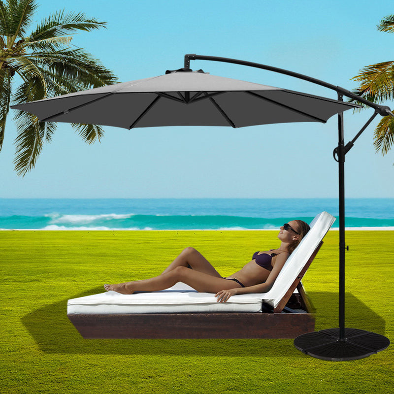 3M Umbrella with 48x48cm Base Outdoor Umbrellas Cantilever Sun Beach Garden Patio Grey